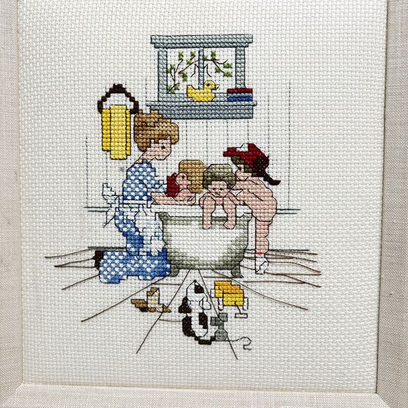 Vintage Framed Needlepoint Cross Stitch Crewel Kids In Bathroom Set of 2 11"x12" - Picture 5 of 11